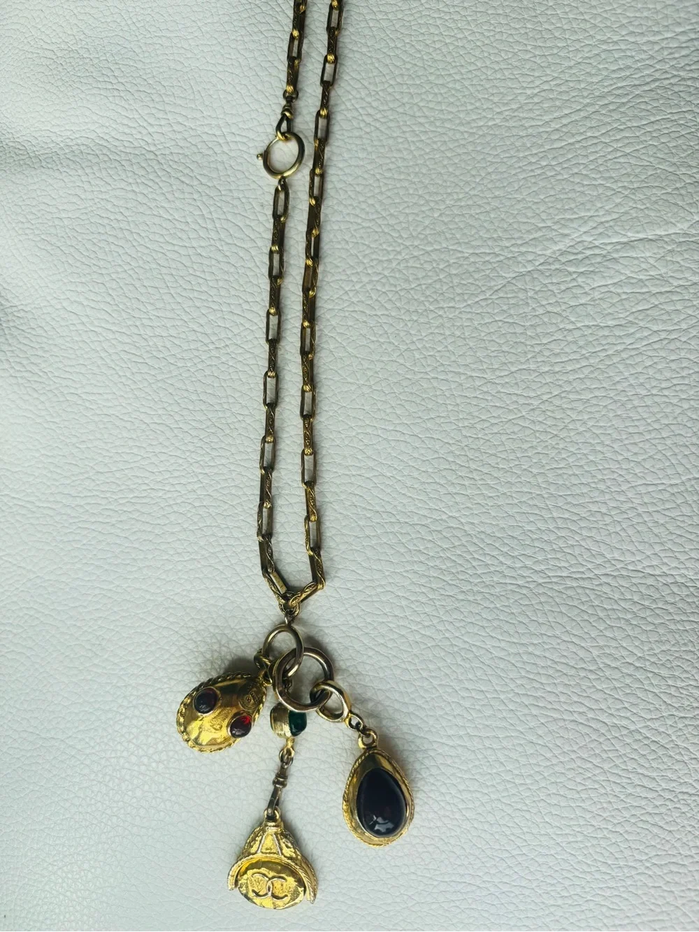 Chanel 24K Gold Plated Gripoix Fidget Multi-Pendant Necklace w/ Unique chain COA